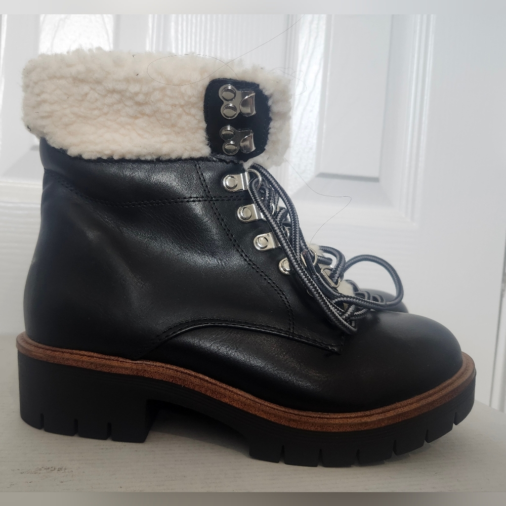 MIA Size 6 Black Lace Up Boots With White Faux Fur. New Without Box